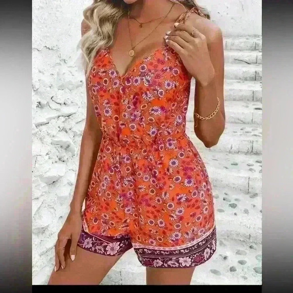 Red Floral Tie Top Romper, Size XL - Picture 1 of 4